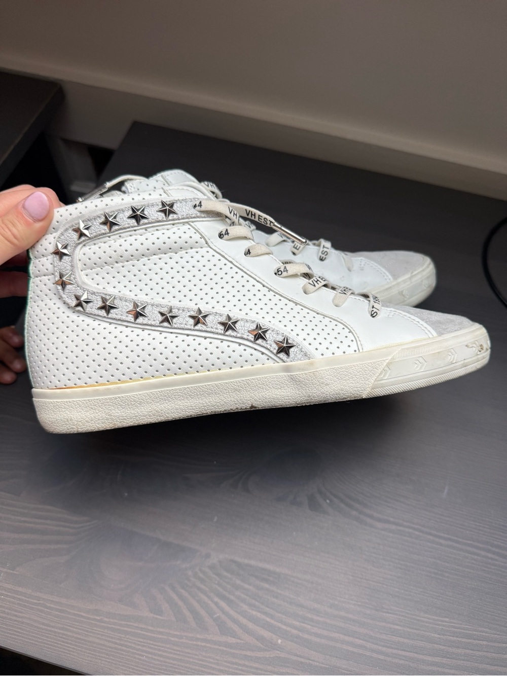 Vintage Havana White Perforated High-Top Sneakers with Silver Star Studs